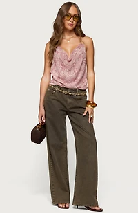 Edikted Printed Halter Chain Cowl Neck Top