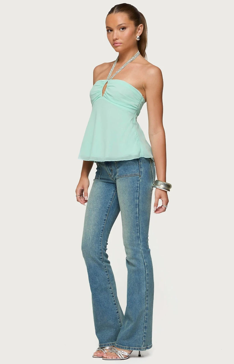 Edikted Sequin Chiffon Keyhole Halter Top