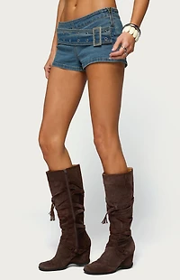 Edikted Asymmetric Belt Denim Micro Shorts