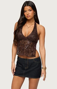 Edikted Butterfly Sequin Backless Halter Top