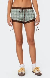Edikted Lavish Lace Trim Plaid Shorts