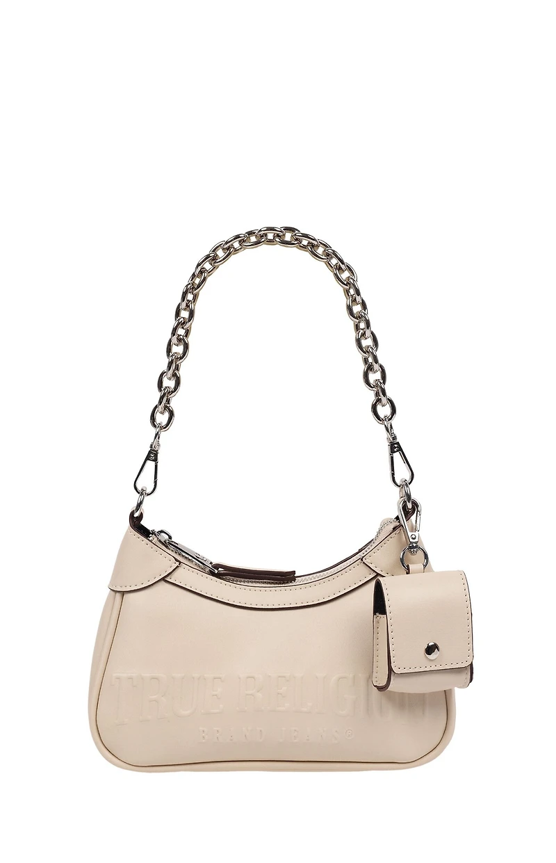 True Religion Cream Trapunto Logo Zip Top Hobo Bag