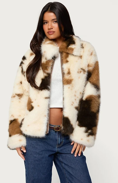Edikted Rayan Cow Print Faux Fur Jacket
