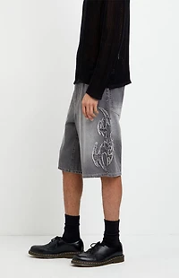 Pacsun Austin Extreme Baggy Jean Shorts Cyber Applique Faded Gray