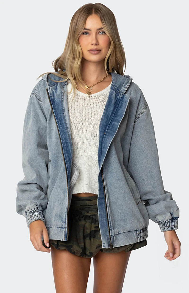 Edikted Hooded Vintage Washed Denim Bomber Jacket
