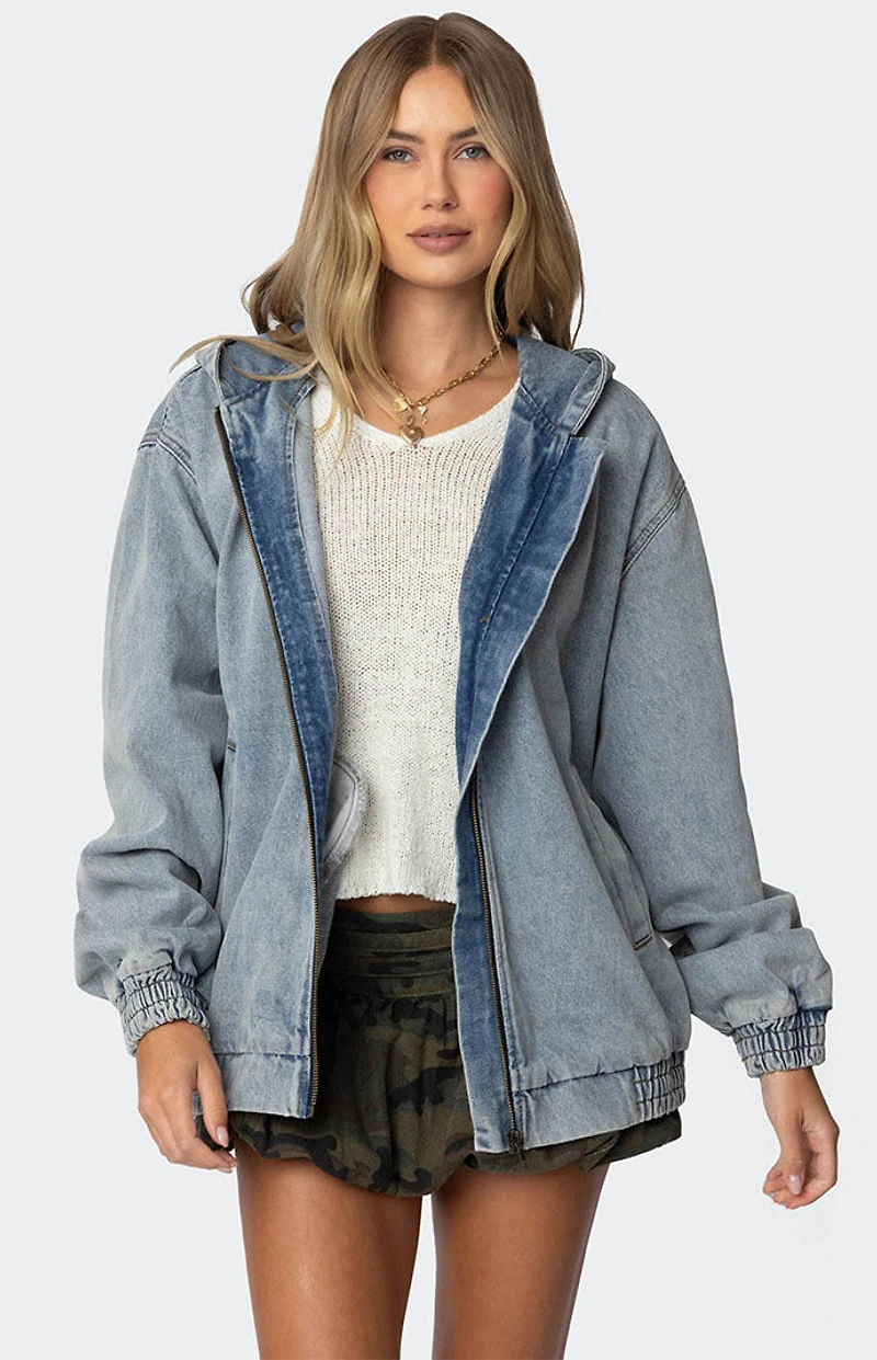 Edikted Hooded Vintage Washed Denim Bomber Jacket