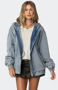 Edikted Hooded Vintage Washed Denim Bomber Jacket