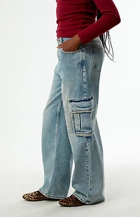 Pacsun Kids Baggy Jeans Frayed Cargo Medium Blue