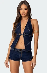 Edikted Ciel Split Front Denim Halter Top