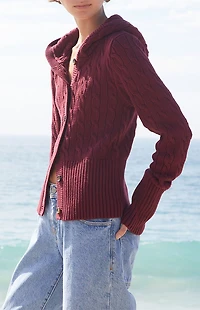 John Galt Burgundy Cable Knit Button Down Hooded Sweater