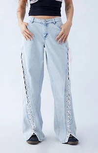 Pacsun Light Indigo Bow Ribbon Lace Up Low Rise Baggy Jeans