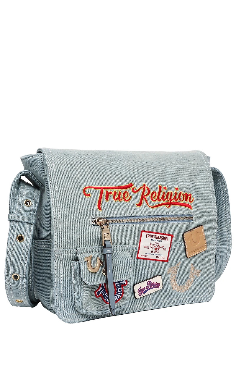 True Religion Blue Denim Multi Patch Messenger Bag