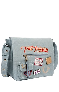 True Religion Blue Denim Multi Patch Messenger Bag