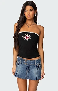 Edikted Enora Embroidered Rose Tube Top