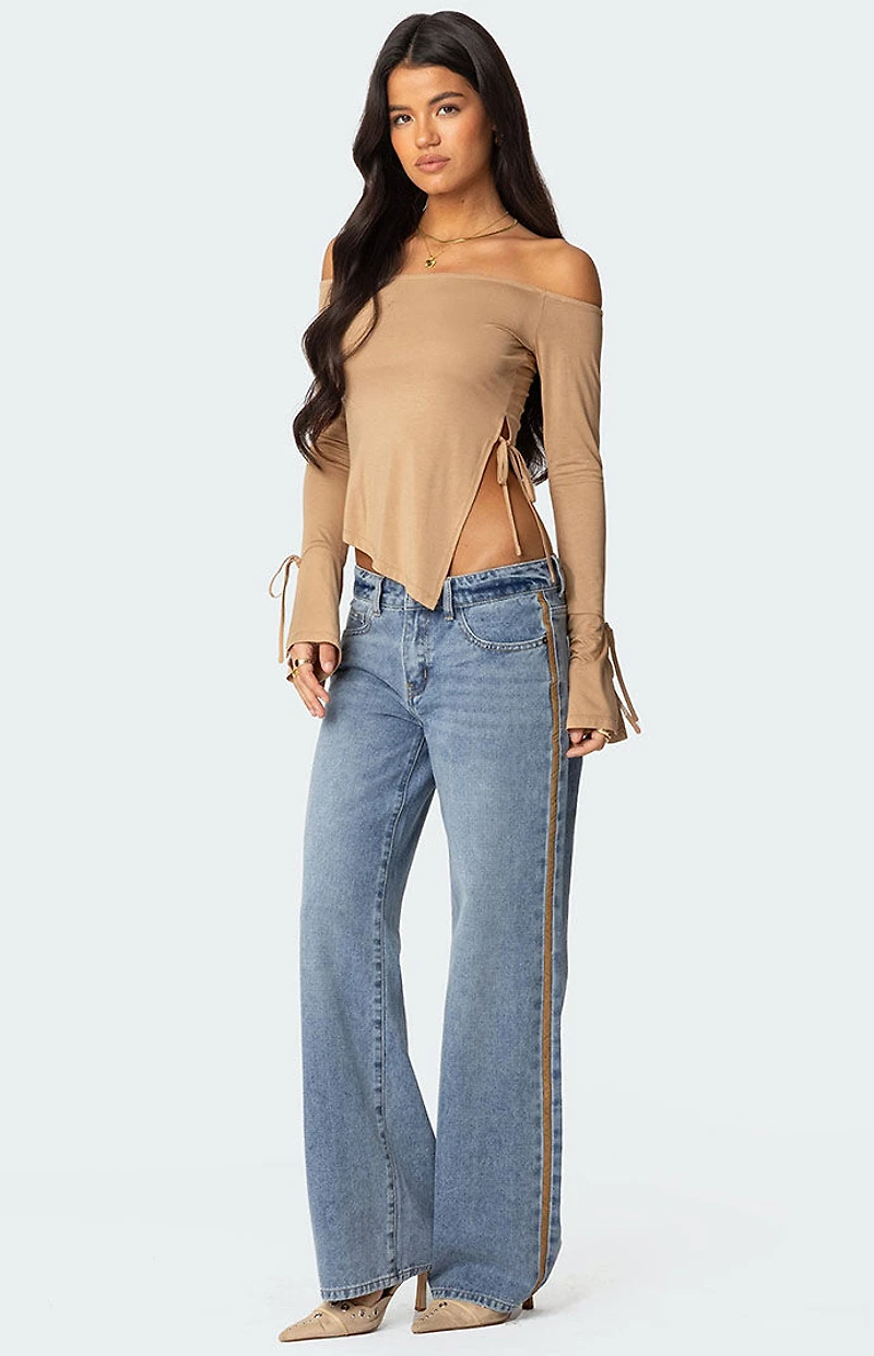 Edikted Faux Suede Stripe Low Rise Jeans