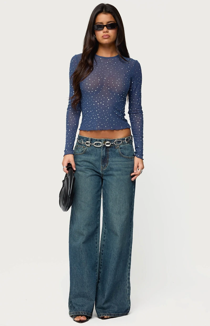 Edikted Anari Rhinestone Mesh Top