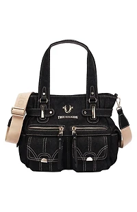 True Religion Multi Pocket Black Denim Cinch Tote Bag