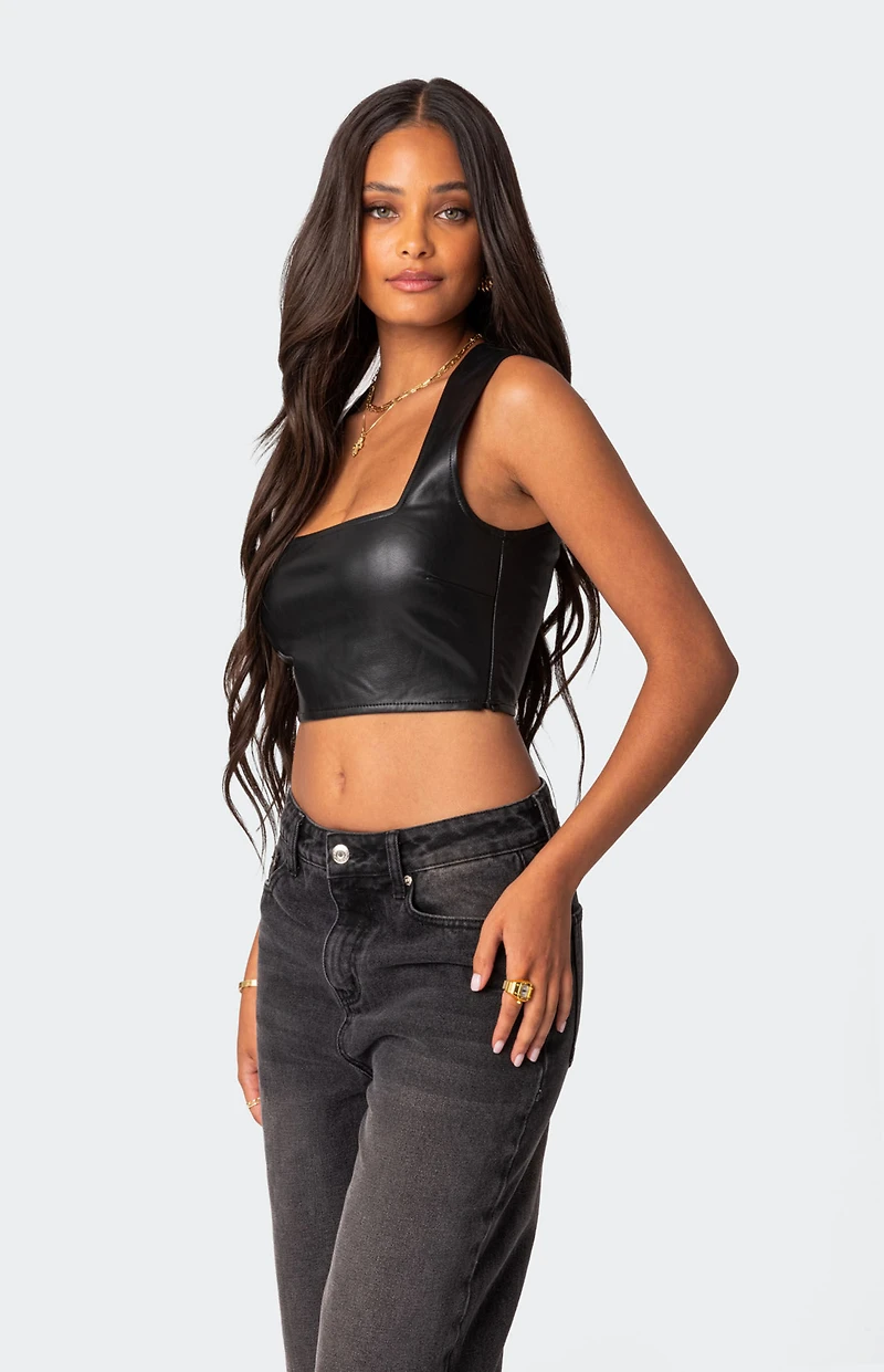 Edikted Crescent Faux Leather Crop Top