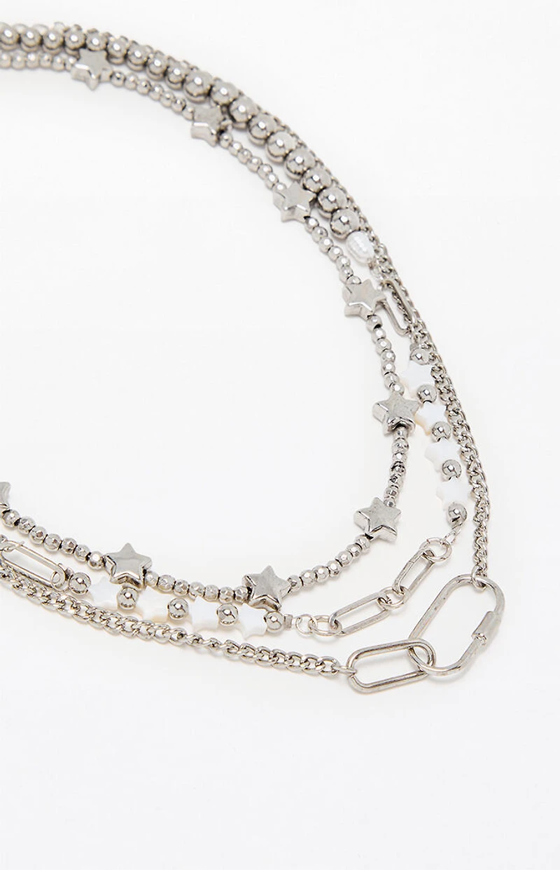 LA Hearts Silver Star Beaded Layered Necklace