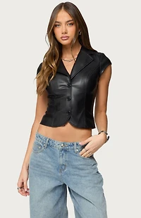 Edikted Faux Leather Tailored Button Up Top