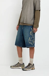 Pacsun Austin Extreme Baggy Jean Shorts Cyber Applique Dark Blue