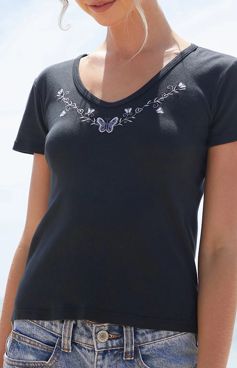 John Galt Butterfly Embroidered Short Sleeve Top