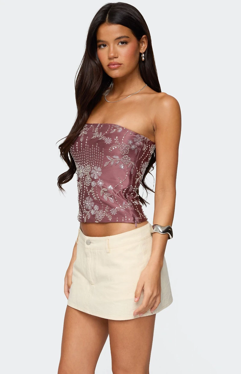 Edikted Zelda Bead and Sequin Strapless Top