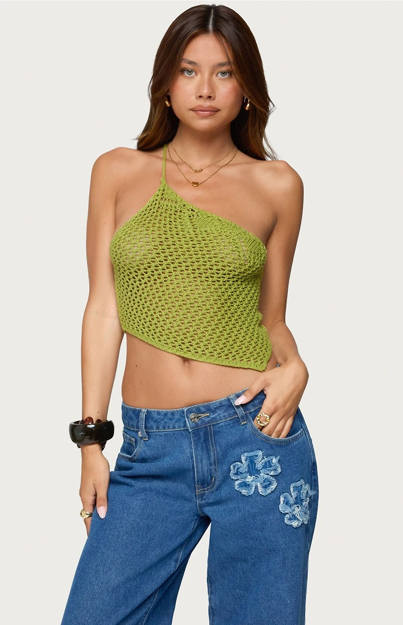 Edikted Daley Asymmetric One Shoulder Crochet Top
