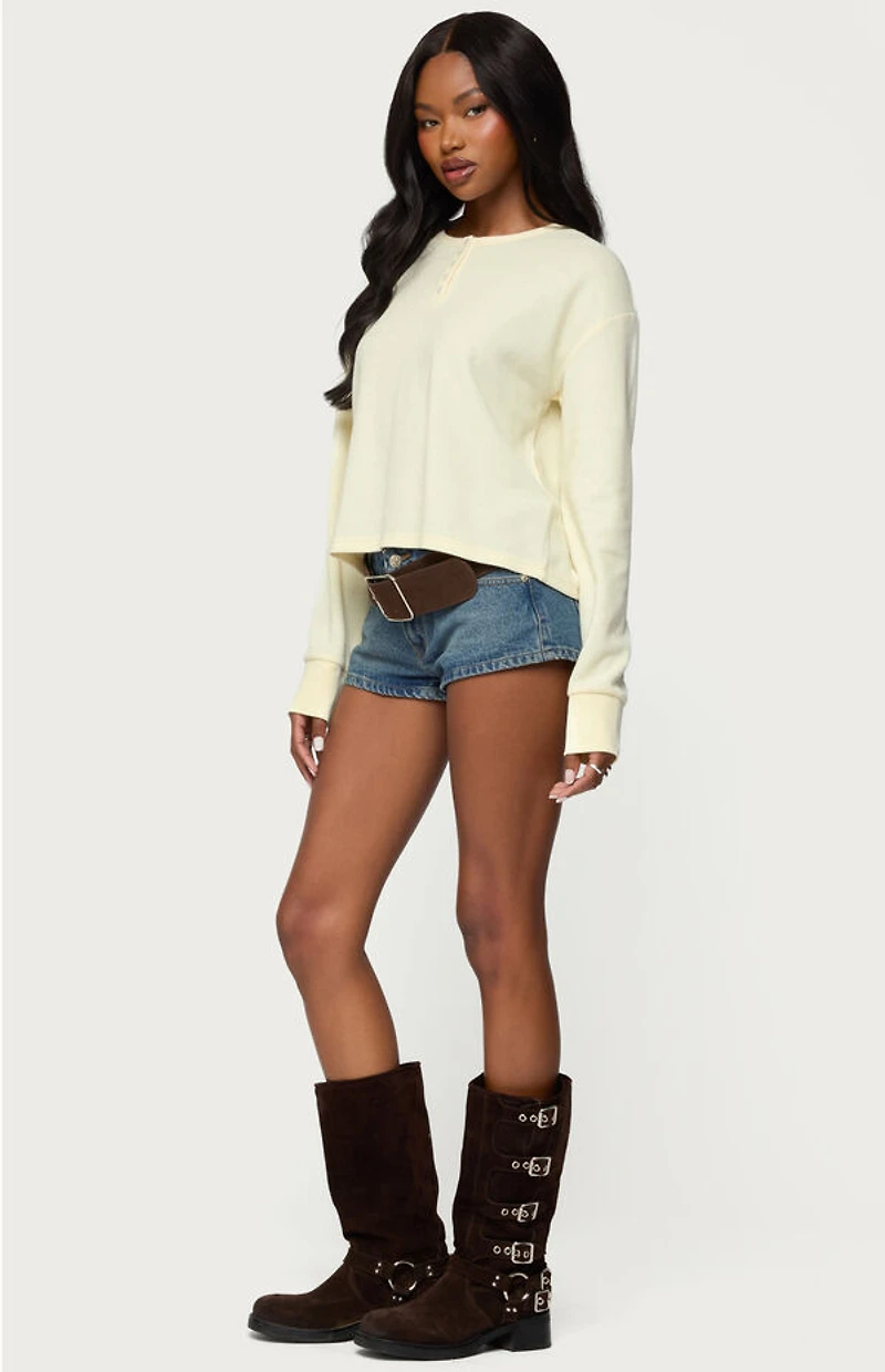 Edikted Deni Long Sleeve Henley Waffle Top