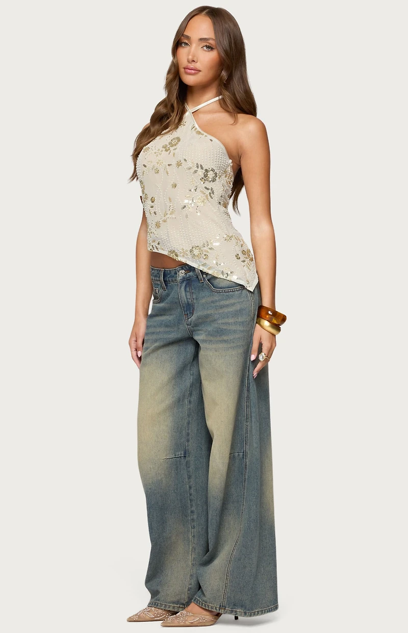 Edikted Beaded Sequin Asymmetric Halter Top