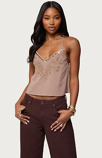 Edikted Sorina Embellished V Neck Top