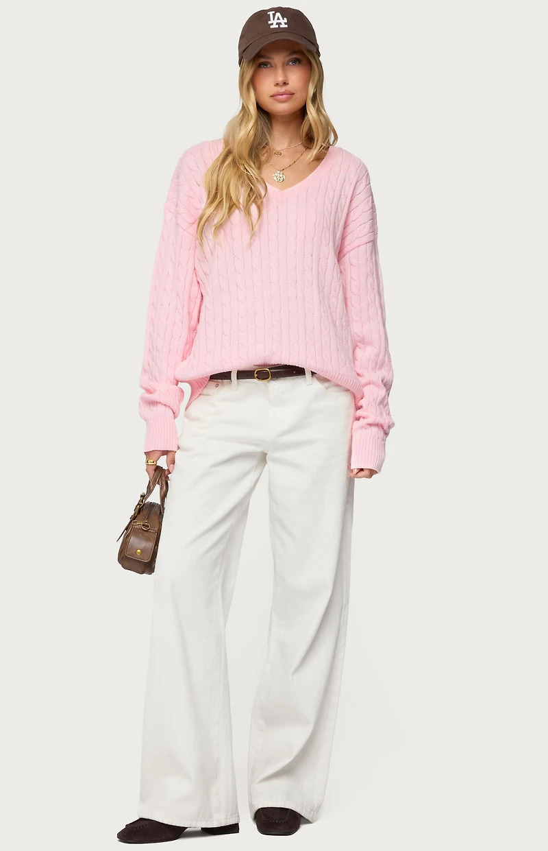 Edikted Polly V Neck Cable Knit Sweater