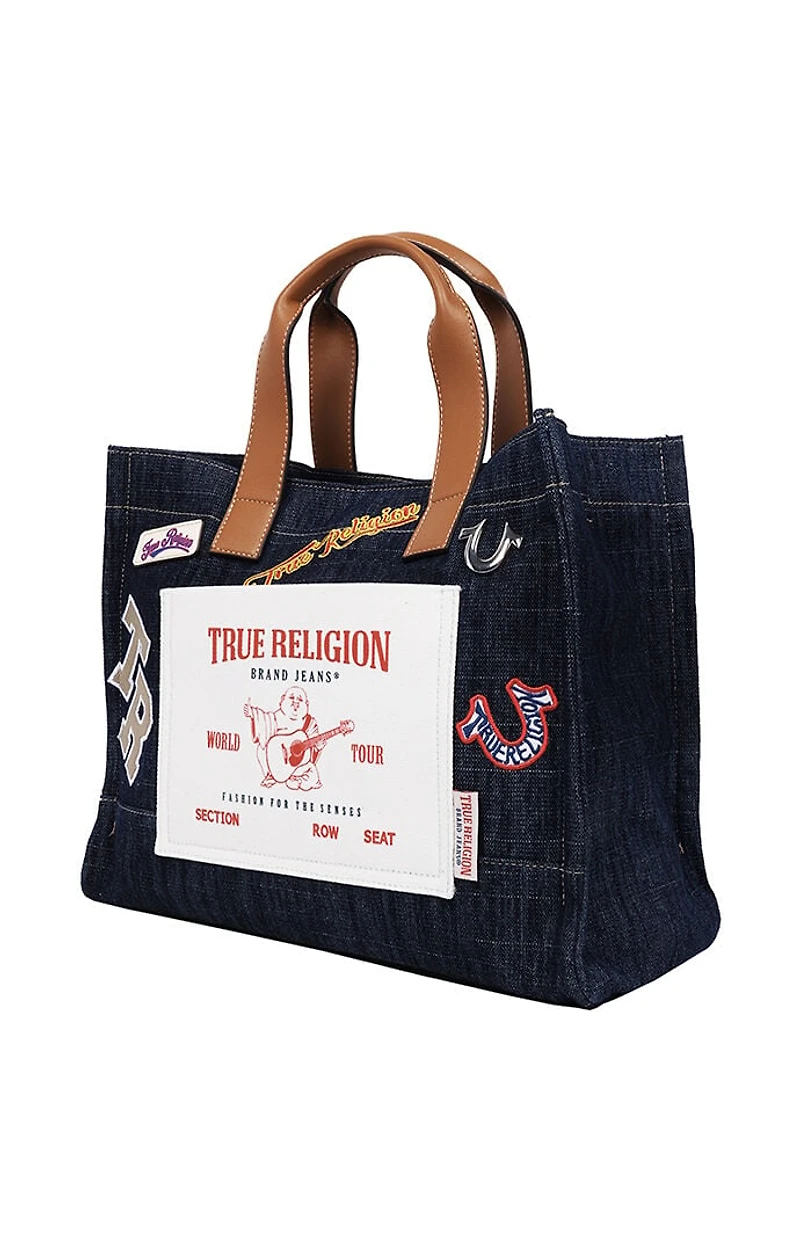 True Religion Andy Dark Denim Multi Patch Medium Tote Bag