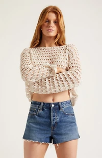 Pacsun Ivy High Waisted Denim Festival Shorts Raw Cut Dark Blue