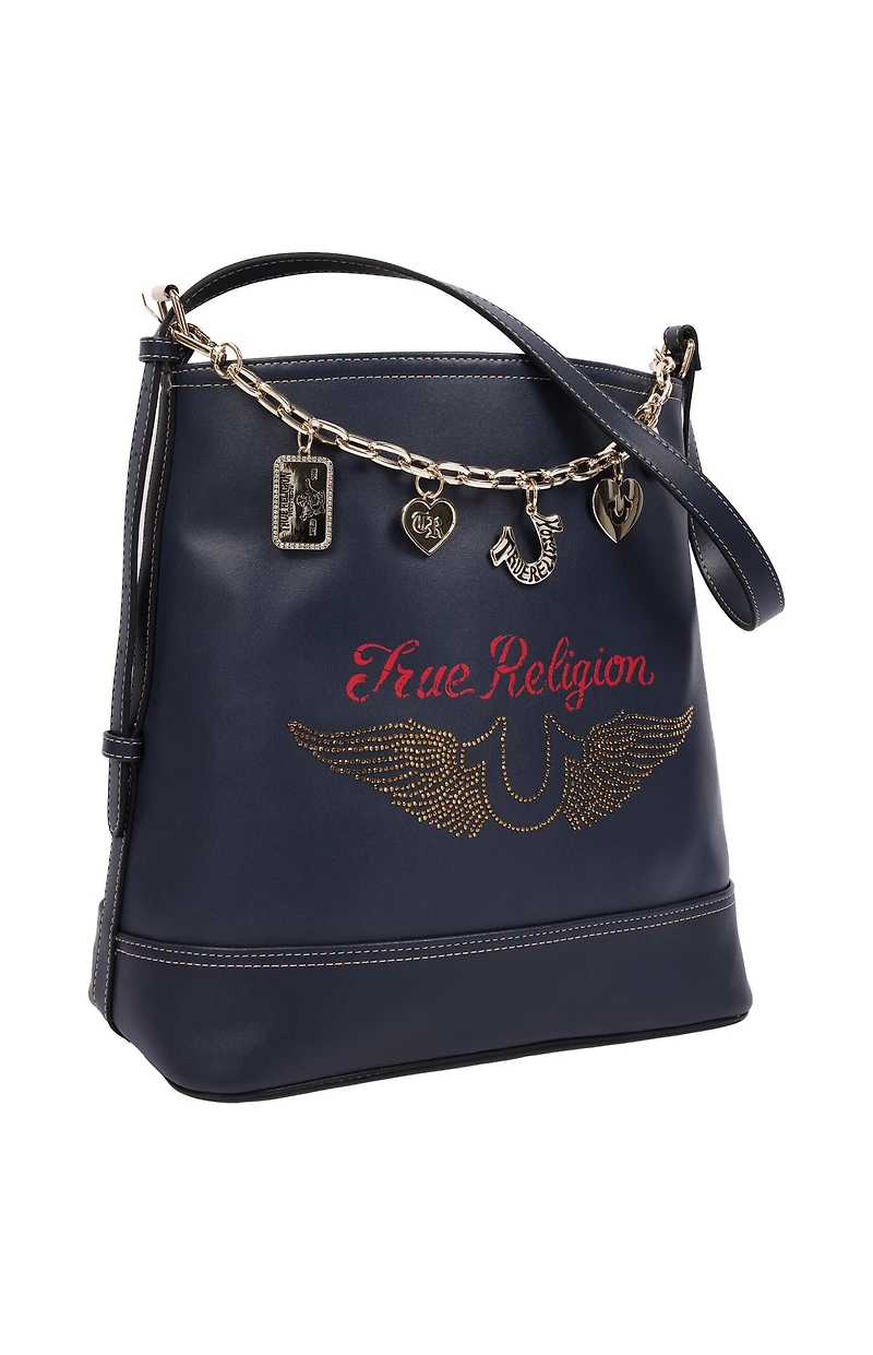True Religion Chain Moto Faux Leather Bucket Bag