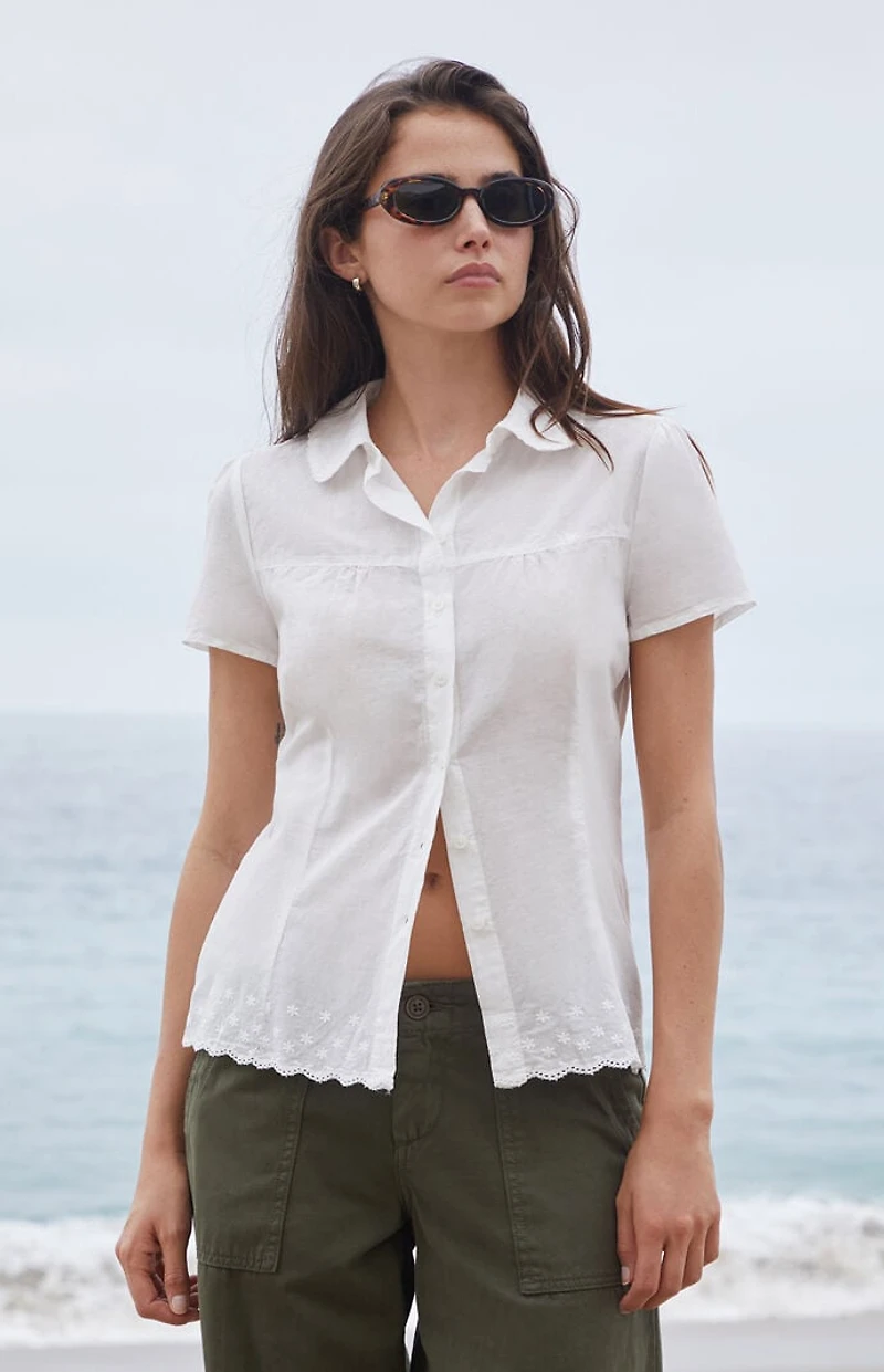 John Galt White Floral Embroidery Teagan Collared Top