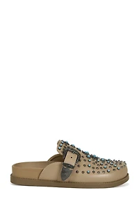 AZALEA WANG Women's Tan Flair Faux Leather Turquoise Mules