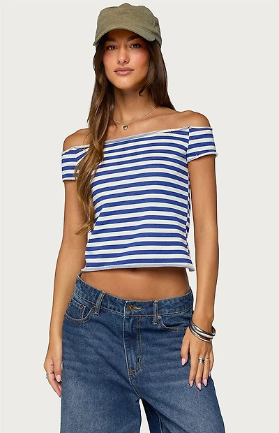 Edikted French Terry Striped Off Shoulder Top