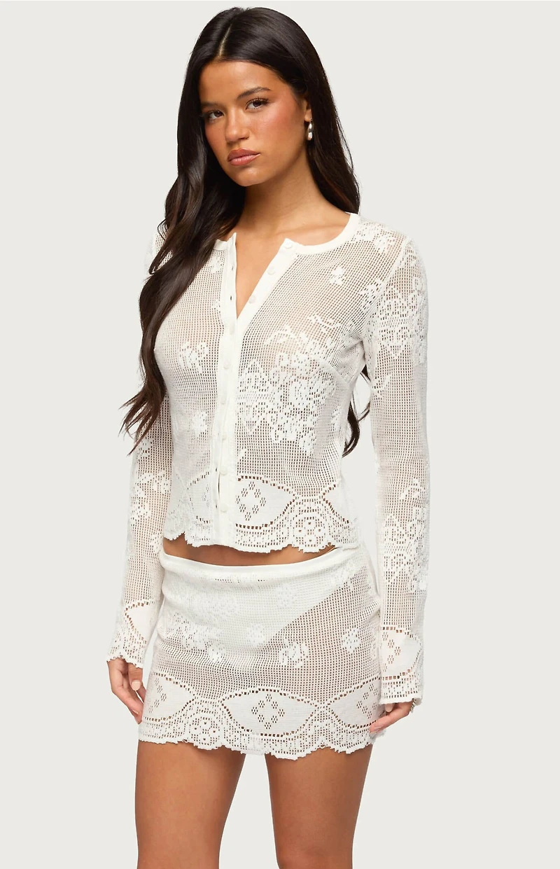 Edikted Rusa Button Up Sheer Crochet Top