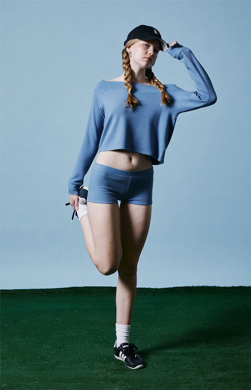 PAC 1980 Active Aspen Waffle Knit Off-The-Shoulder Sweatshirt