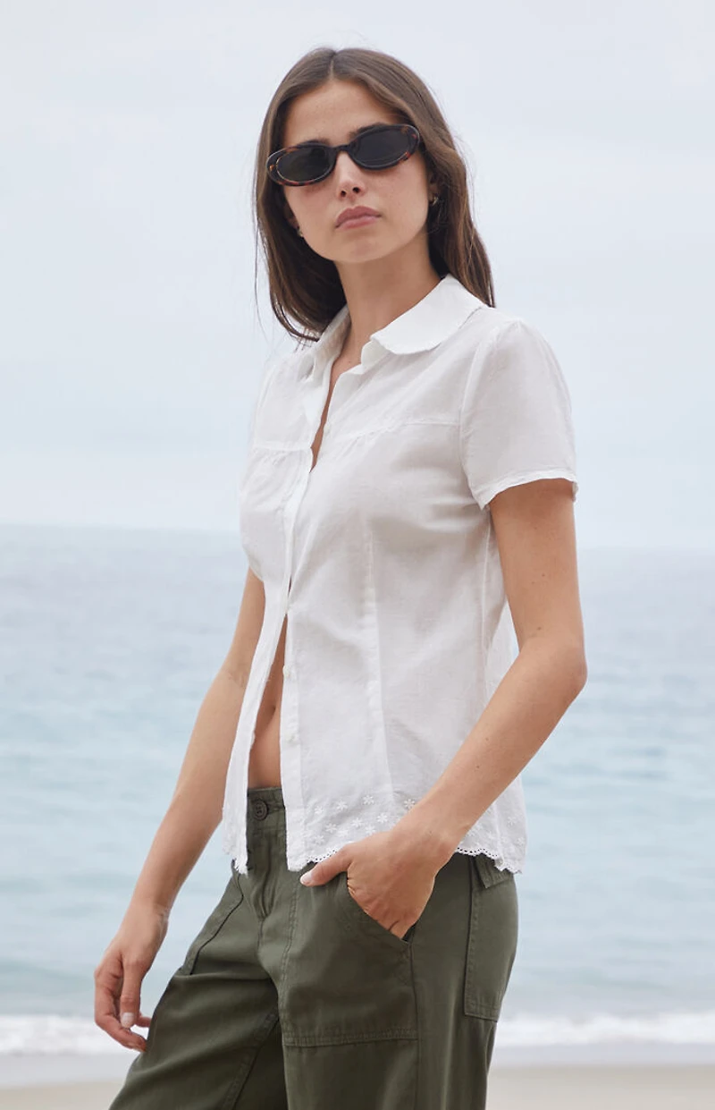 John Galt White Floral Embroidery Teagan Collared Top