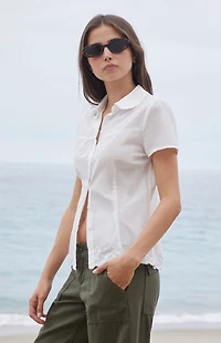 John Galt White Floral Embroidery Teagan Collared Top