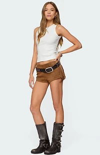Edikted Sapir Fringe Faux Suede Shorts