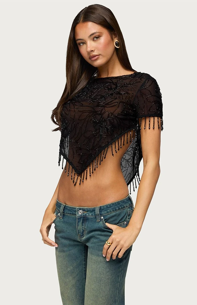 Edikted Yanna Beaded Fringe Poncho Top