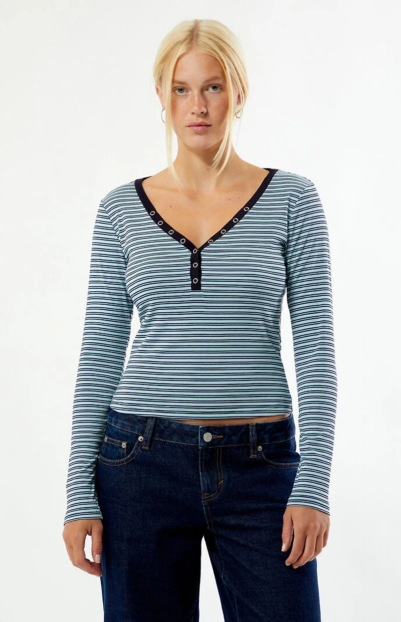 Your Favorite Poppy Striped V-Neck Button Up Long Sleeve Top
