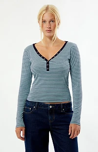 Your Favorite Poppy Striped V-Neck Button Up Long Sleeve Top