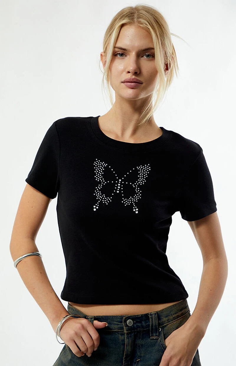 Third Charm Rhinestone Butterfly Skimmer T-Shirt