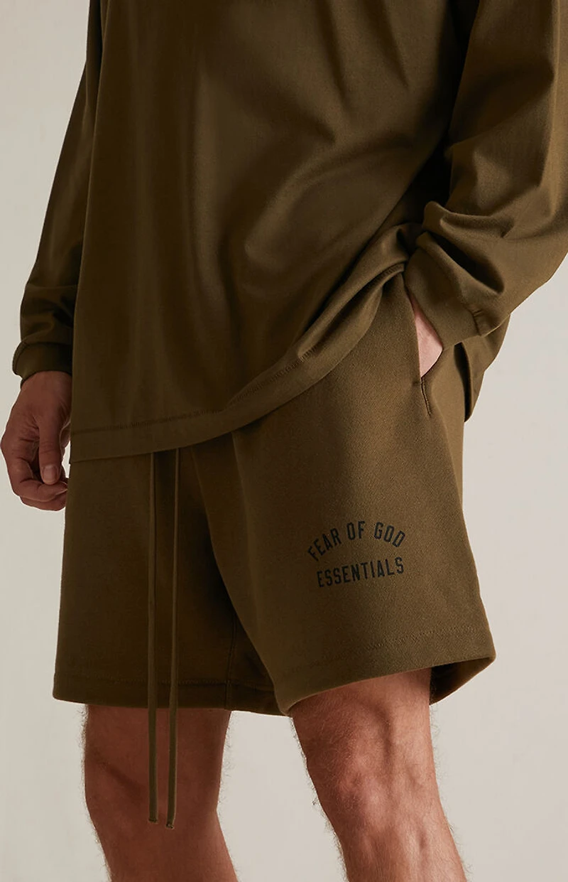 Fear of God ESSENTIALS Olive Fleece Soccer Sweat Shorts