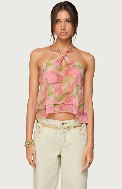 Edikted Dragon Lily Layered Mesh Halter Top