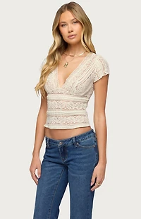 Edikted Avalee Sheer Lace V Neck Top